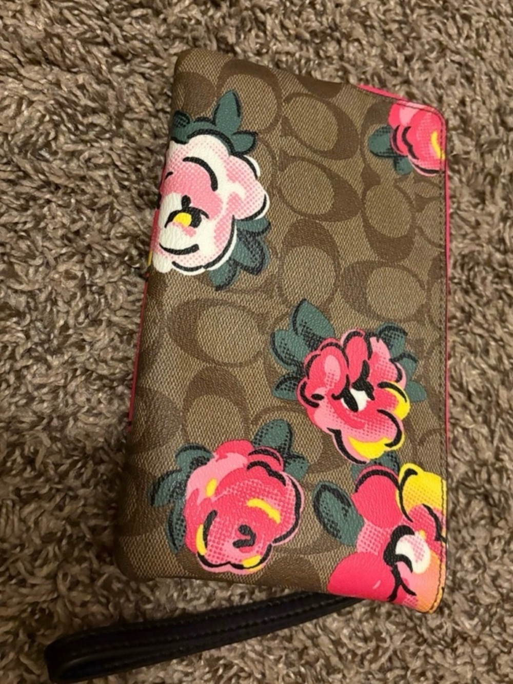 COACH Brown Signature Floral Wristlet with Pink Accents - Picture 2 of 4